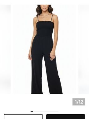 Reformation Black Smocked Strap Jumpsuit with Wide Legs